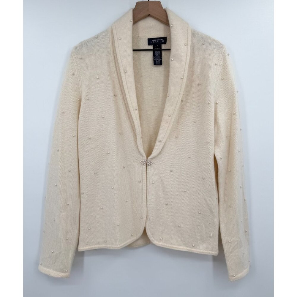 Jones NY Lambswool Angora Cardigan Women Large Ivory Faux Peal Beaded Vintage